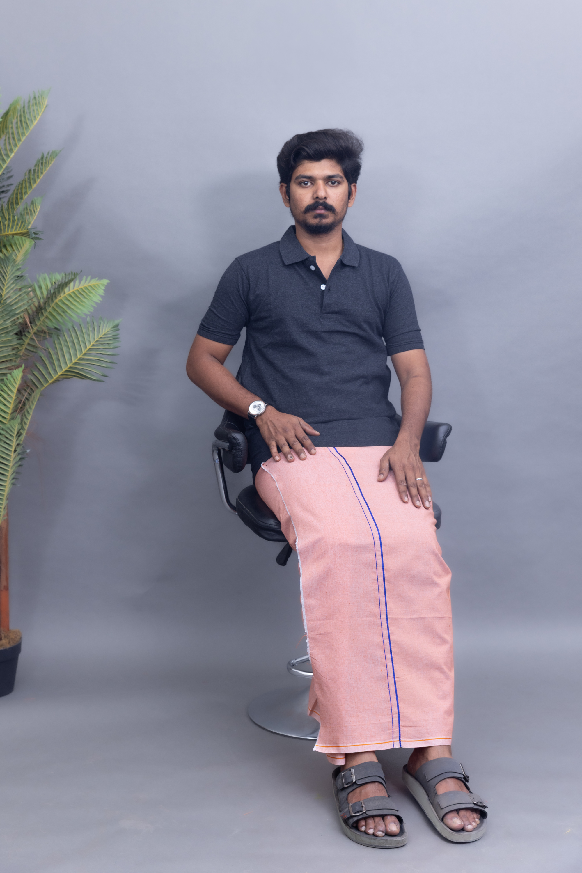 Dark Grey Polo Collar T-Shirt with Peach Colour Dhoti Combo | Men's Cotton Dhoti Set | Single Layer