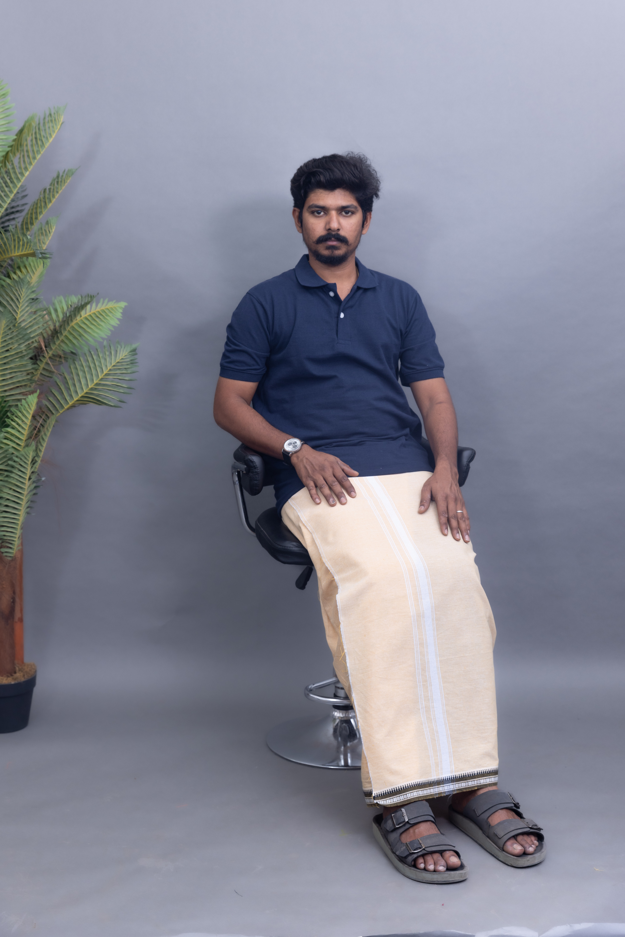 Navy Blue T-Shirt & Sandal Colour Cotton Dhoti Combo for Men | Thalapathy Border| Single Layer | Comfortable Dhoti Set