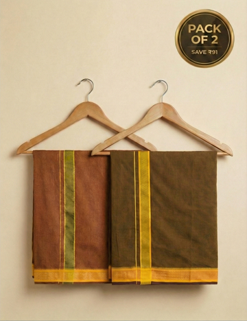 Rust Brown & Olive Brown Colour Cotton Blend Single Layer Dhoti Combo (Padayappa Border) | Pack Of 2