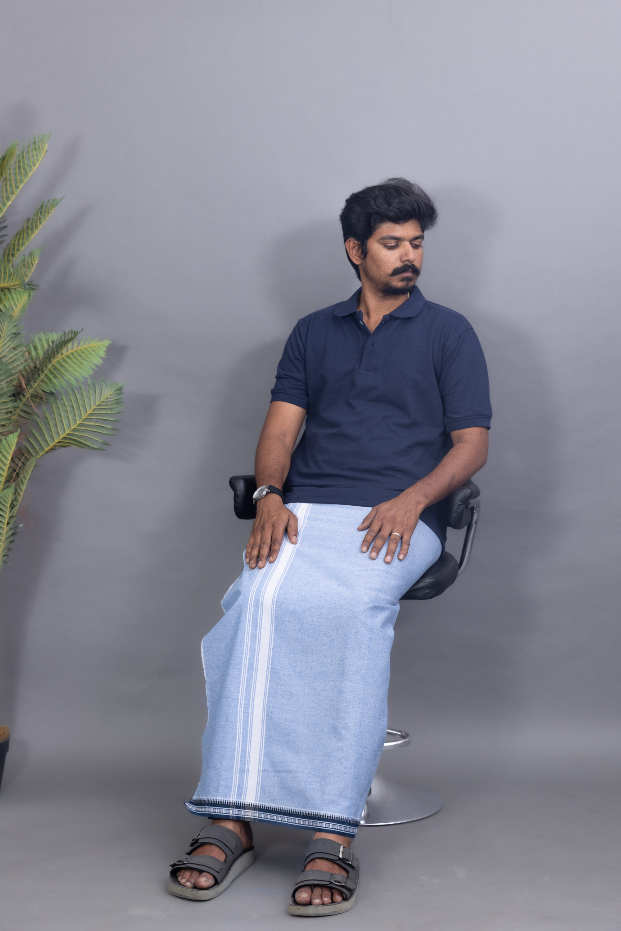 Navy Blue T-Shirt & Sky Blue Cotton Dhoti Combo for Men | Thalapathy Border | Comfortable Veshti Set