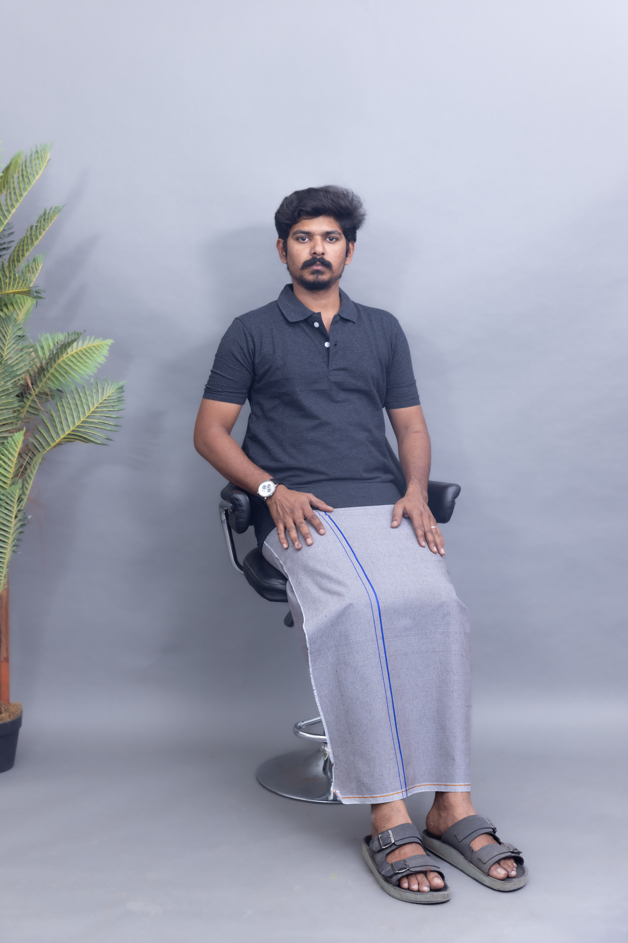 Dark Grey Polo Collar T-Shirt with Ash Grey Colour Dhoti Combo | Men's Cotton Dhoti Set | Single Layer