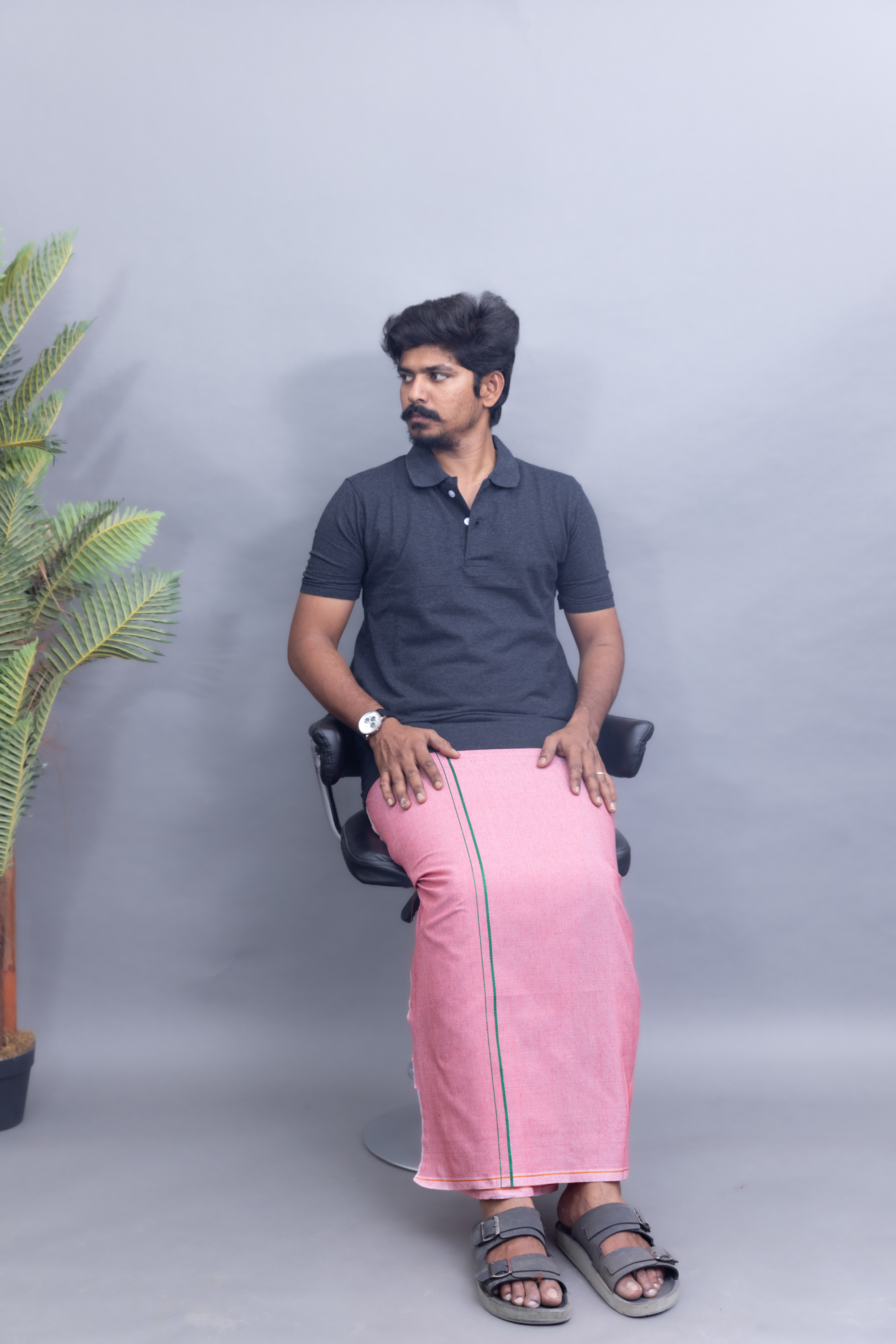 Dark Grey Polo Collar T-Shirt with Rose Pink Colour Dhoti Combo | Men's Cotton Dhoti Set | Single Layer