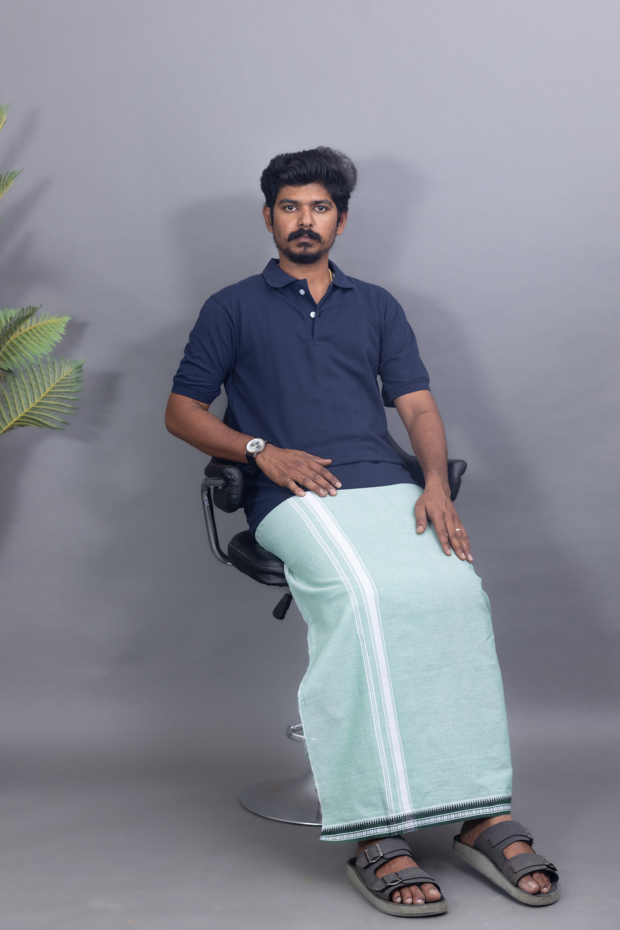 Navy Blue T-Shirt & Pista Green Cotton Dhoti Combo for Men | Thalapathy Border| Single Layer | Comfortable Dhoti Set