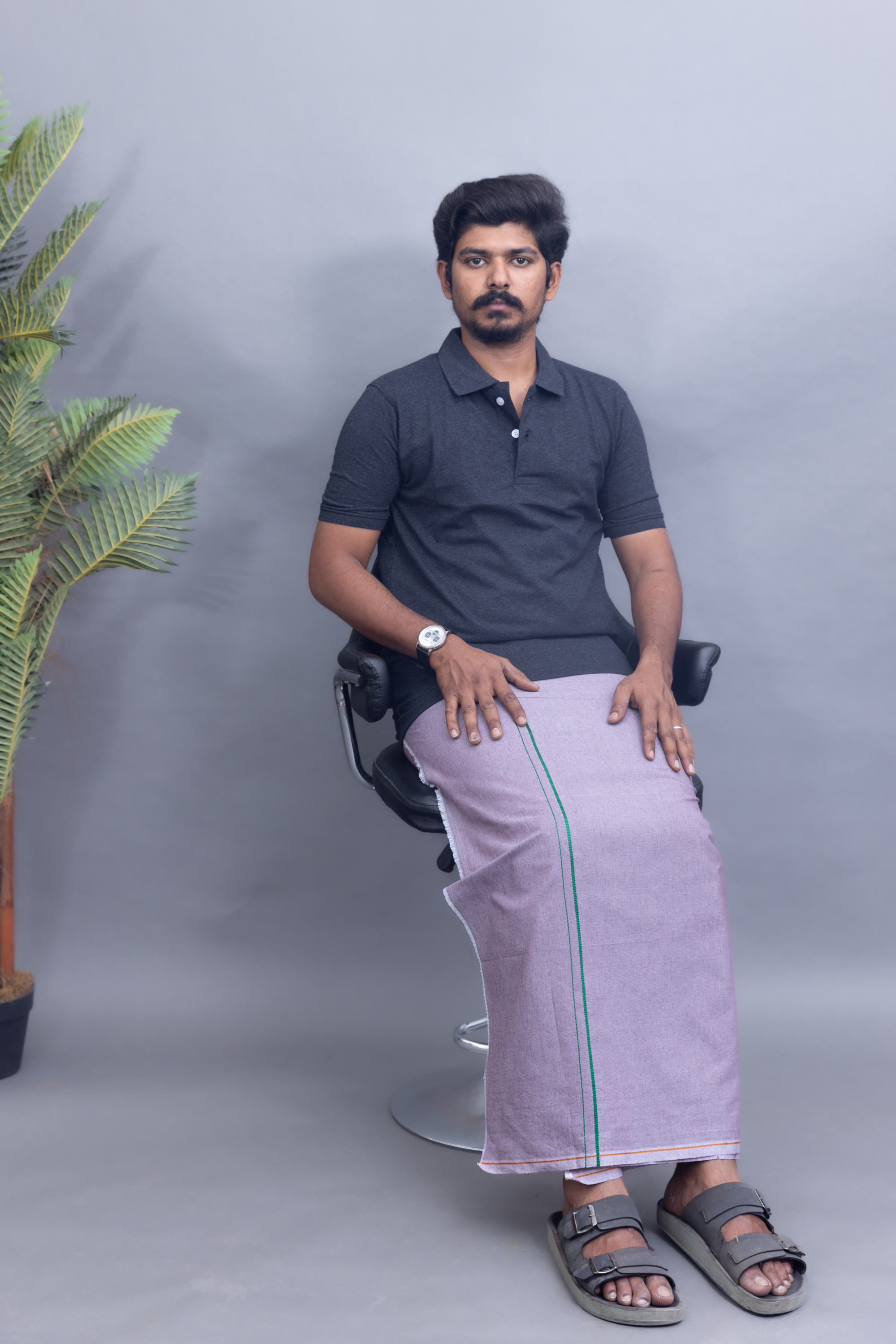 Dark Grey Polo Collar T-Shirt with Lavender Grey Colour Dhoti Combo | Men's Cotton Dhoti Set | Single Layer
