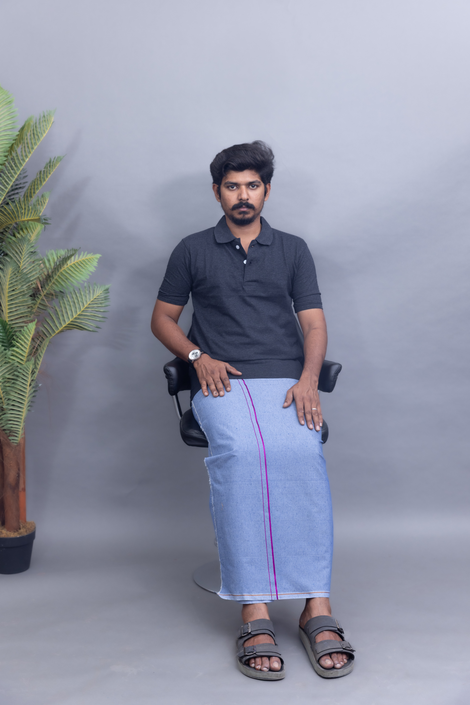 Dark Grey Polo Collar T-Shirt with Sky Blue Colour Dhoti Combo | Men's Cotton Dhoti Set | Single Layer