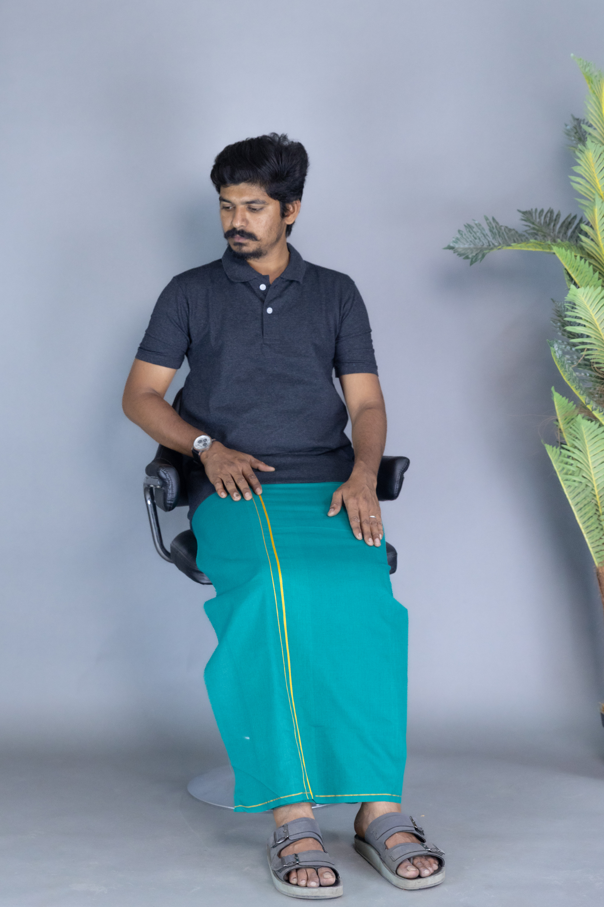 Dark Grey Polo Collar T-Shirt with Green Colour Dhoti Combo | Men's Cotton Dhoti Set | Single Layer