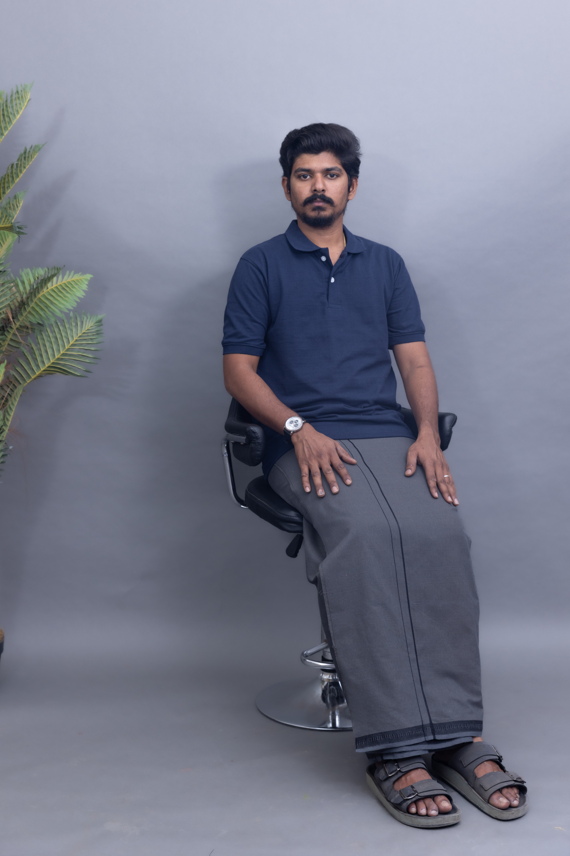 Navy Blue Polo Collar T-Shirt with Silver Colour Pentex Dhoti Combo | Men's Cotton Dhoti Set | Single Layer