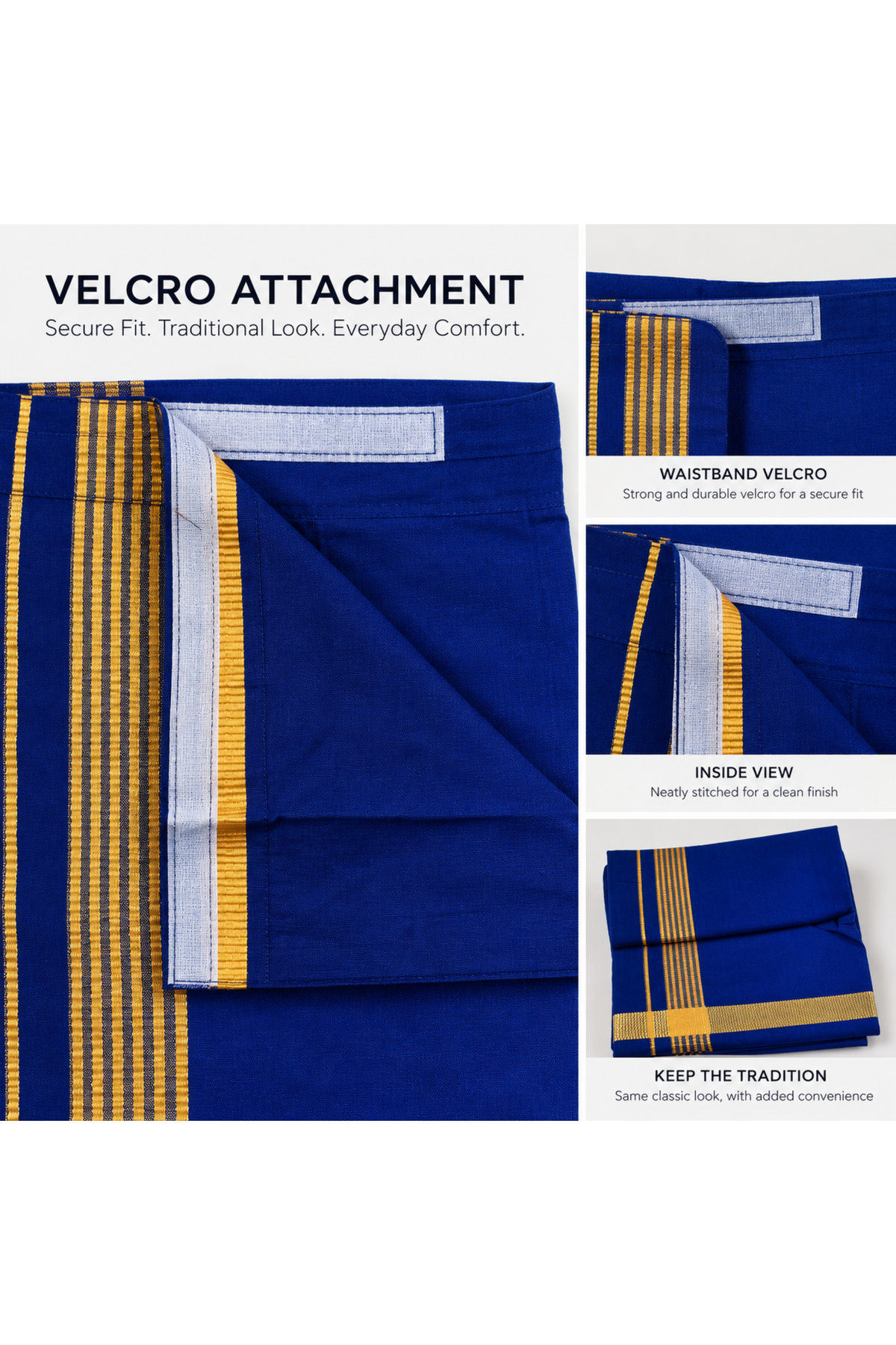 Navy Blue Golden Border Velcro Pocket Dhoti