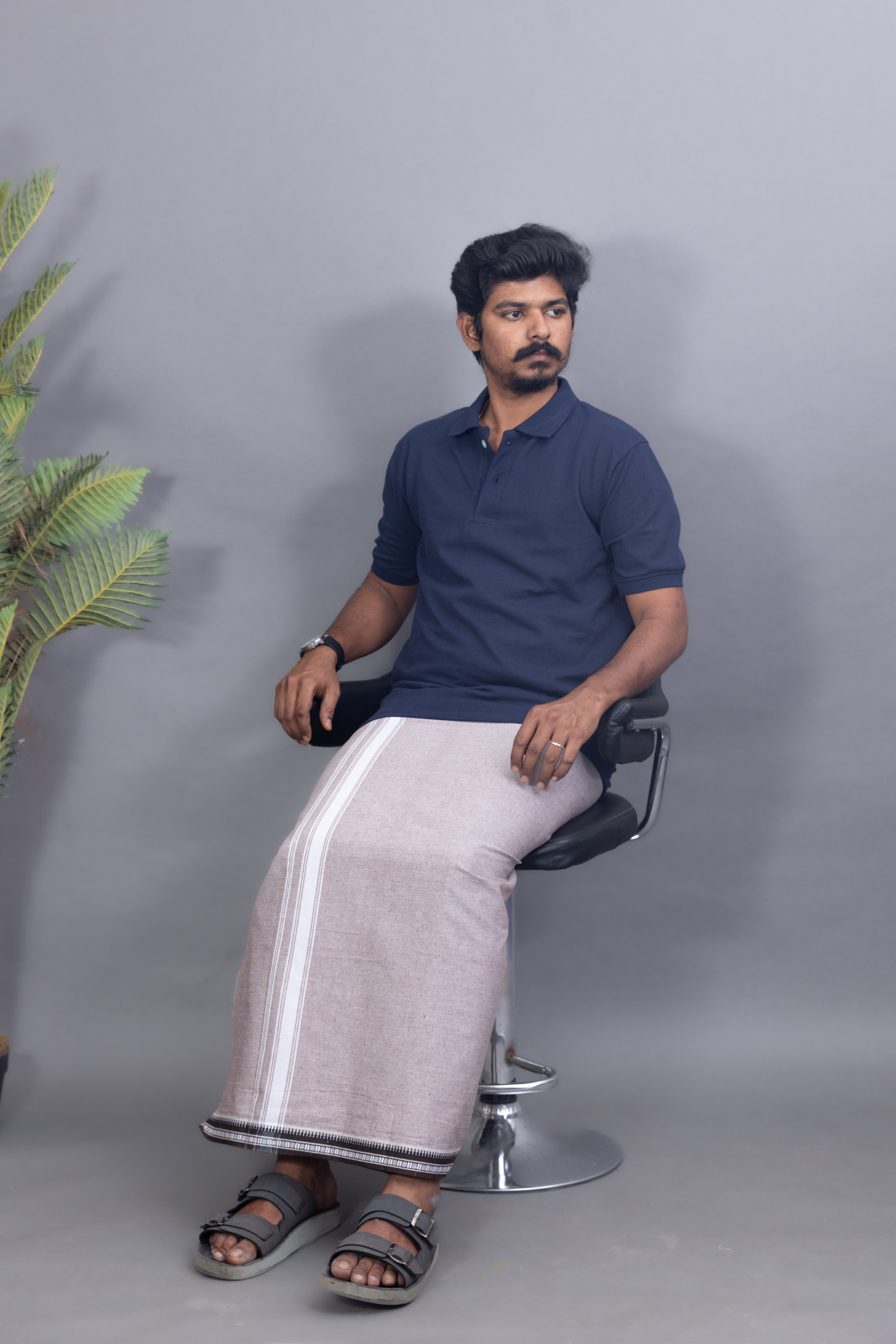 Navy Blue T-Shirt & Silver Grey Cotton Dhoti Combo for Men | Thalapathy Border| Single Layer | Comfortable Dhoti Set