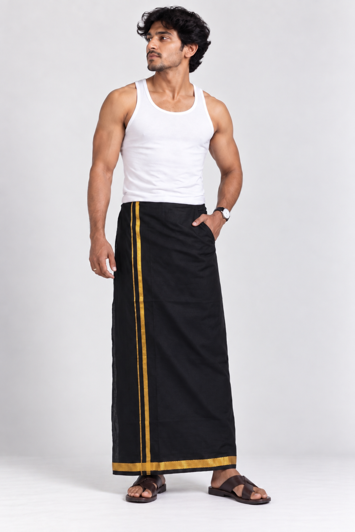 Black Gold Jari Border Velcro Pocket Dhoti