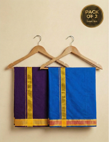 Royal Blue & Violet Colour Cotton Blend Single Layer Dhoti Combo (Padayappa Border) | Pack Of 2