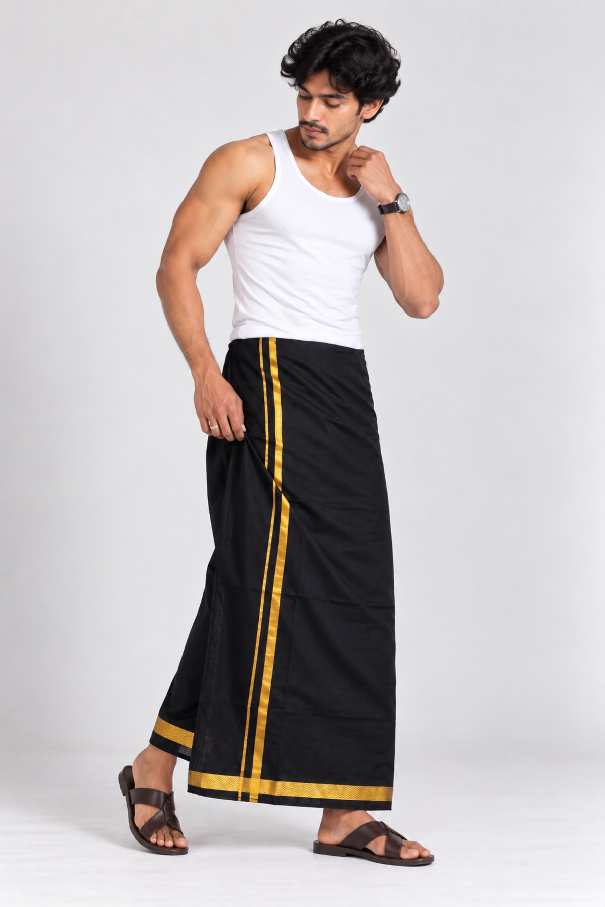 Black Gold Jari Border Velcro Pocket Dhoti