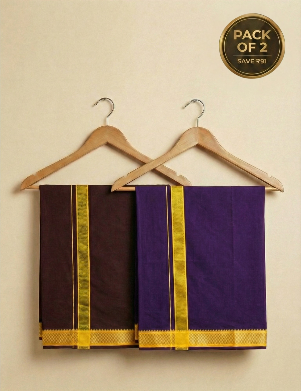 Whine Brown & Violet Colour Cotton Blend Single Layer Dhoti Combo (Padayappa Border) | Pack Of 2