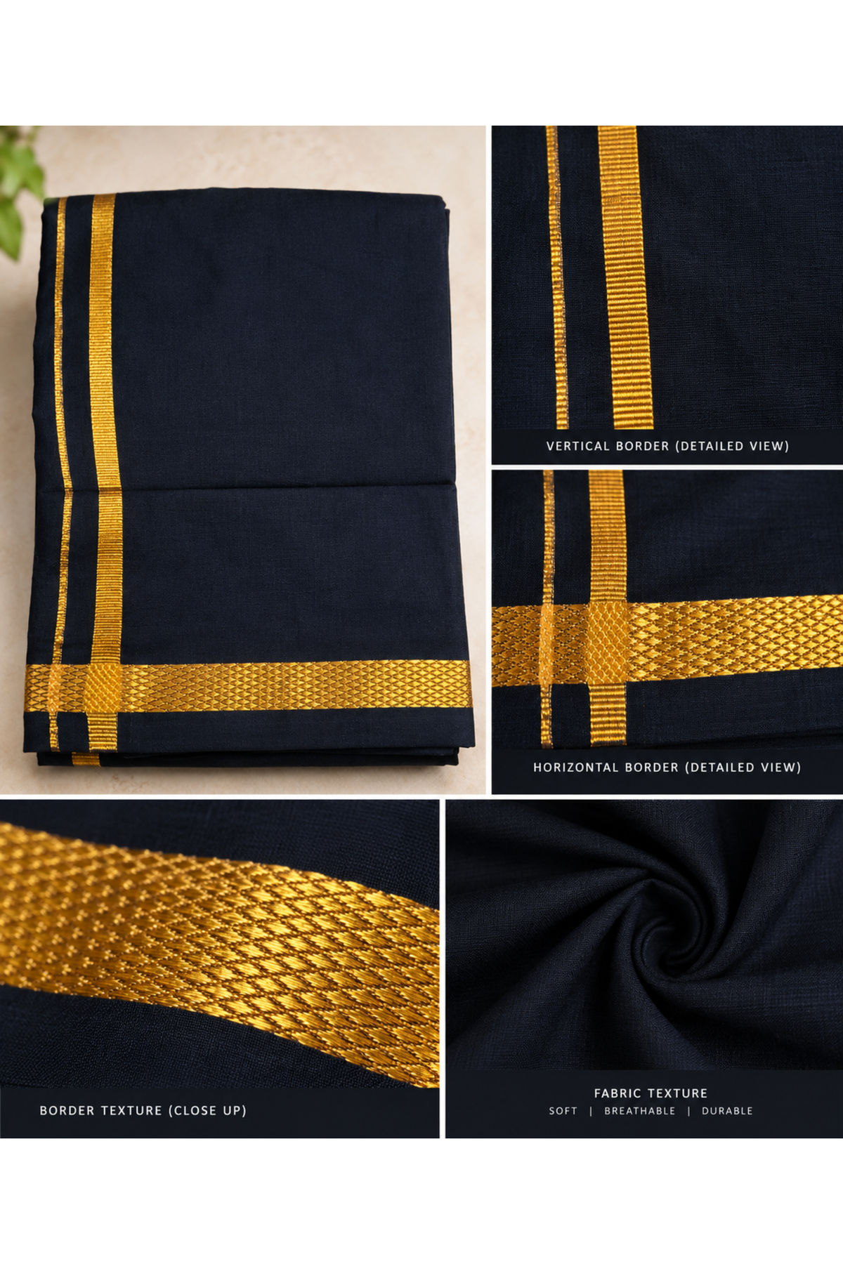 Black Gold Jari Border Velcro Pocket Dhoti