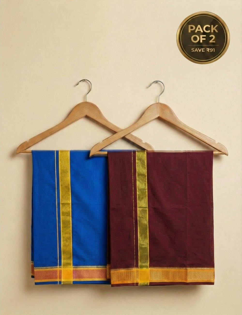 Royal Blue & Maroon Cotton Blend Single Layer Dhoti Combo (Padayappa Border) | Pack Of 2