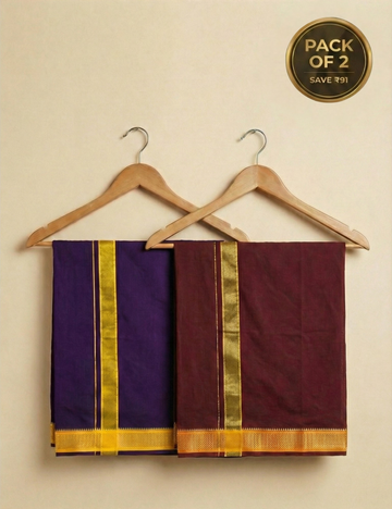 Violet & Maroon Cotton Blend Single Layer Dhoti Combo (Padayappa Border) | Pack Of 2