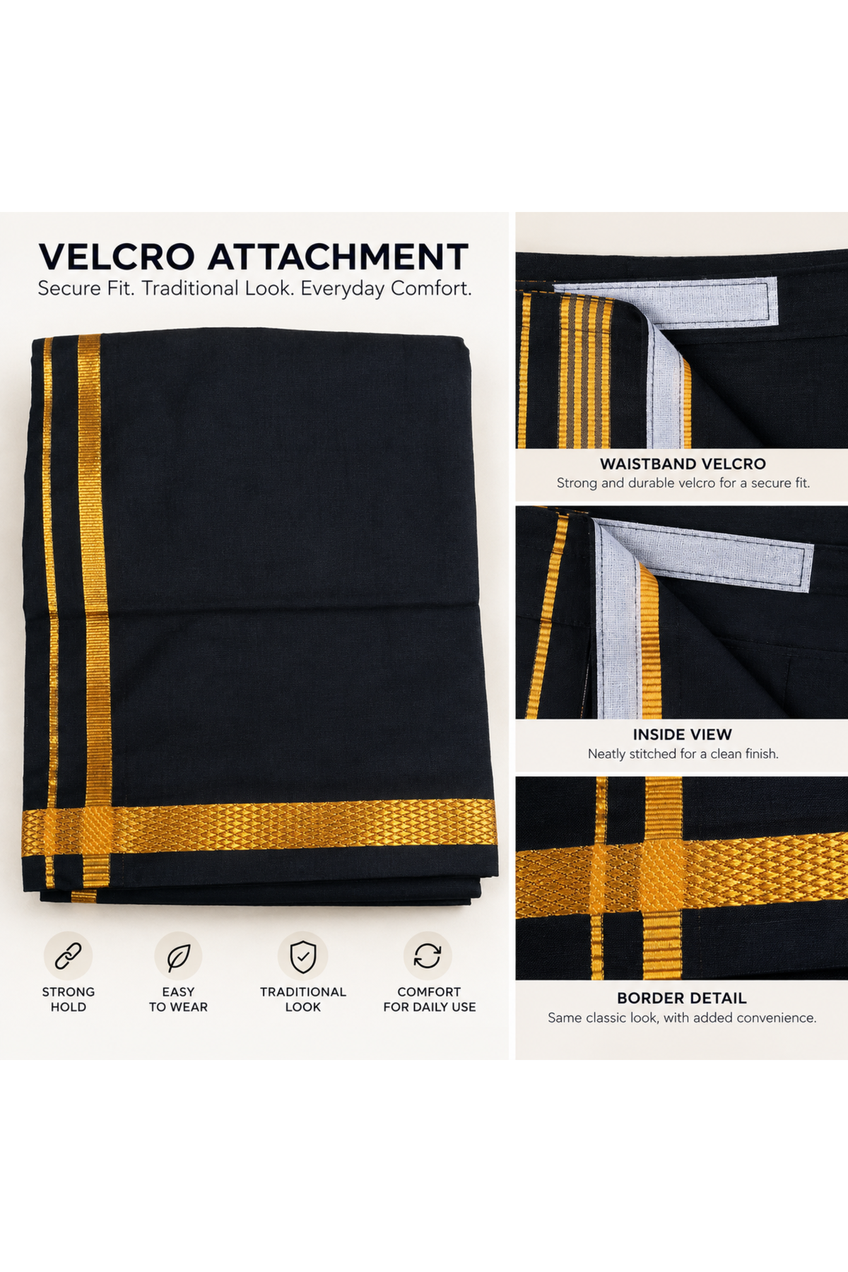 Black Gold Jari Border Velcro Pocket Dhoti
