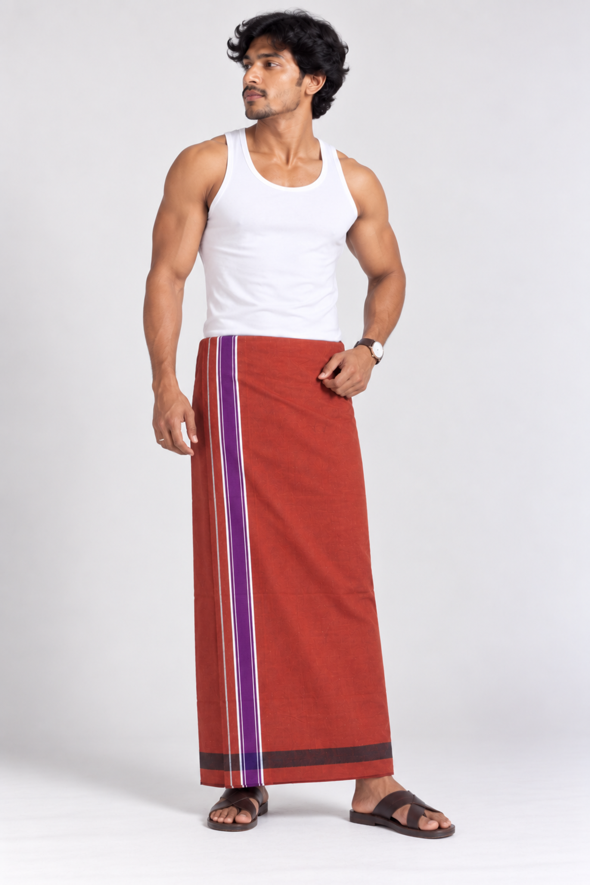 Kaavi Velcro Pocket Dhoti with Assorted Vertical Border