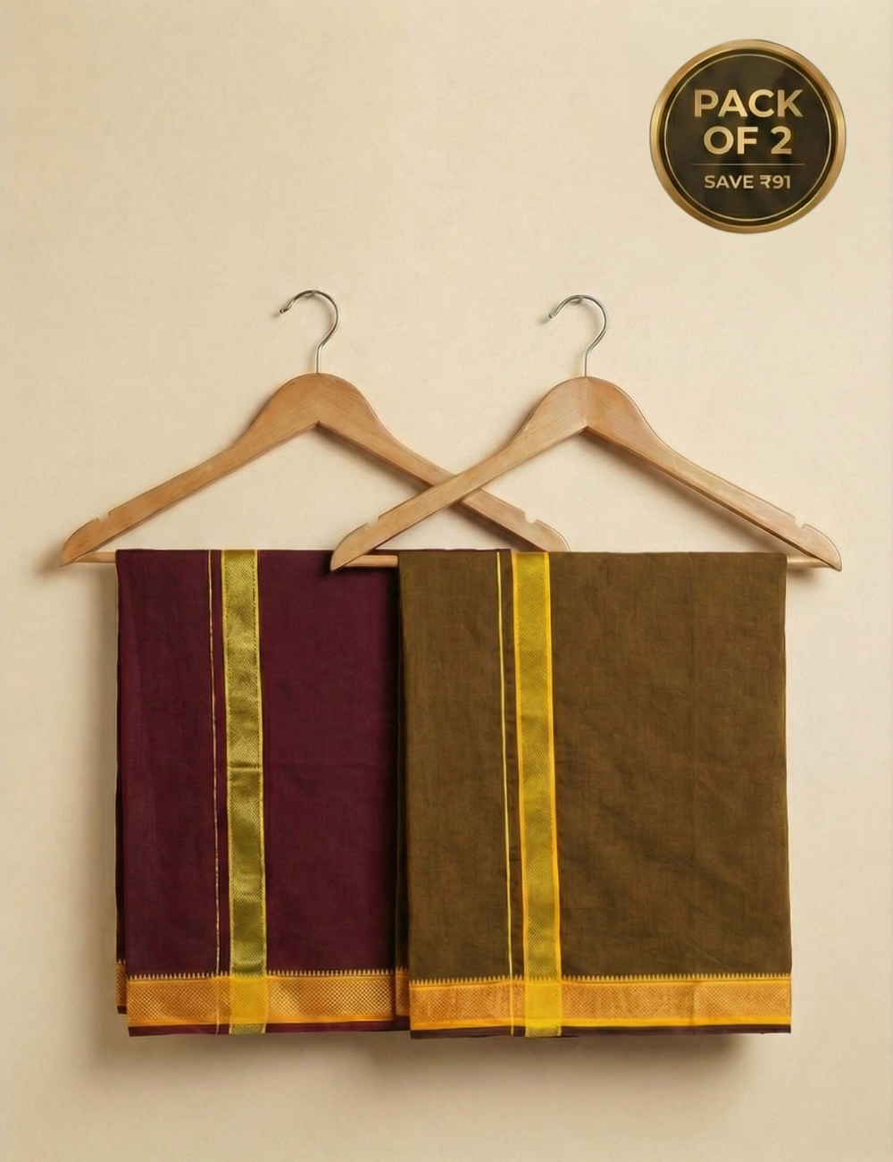 Olive Brown & Maroon Cotton Blend Single Layer Dhoti Combo (Padayappa Border) | Pack Of 2