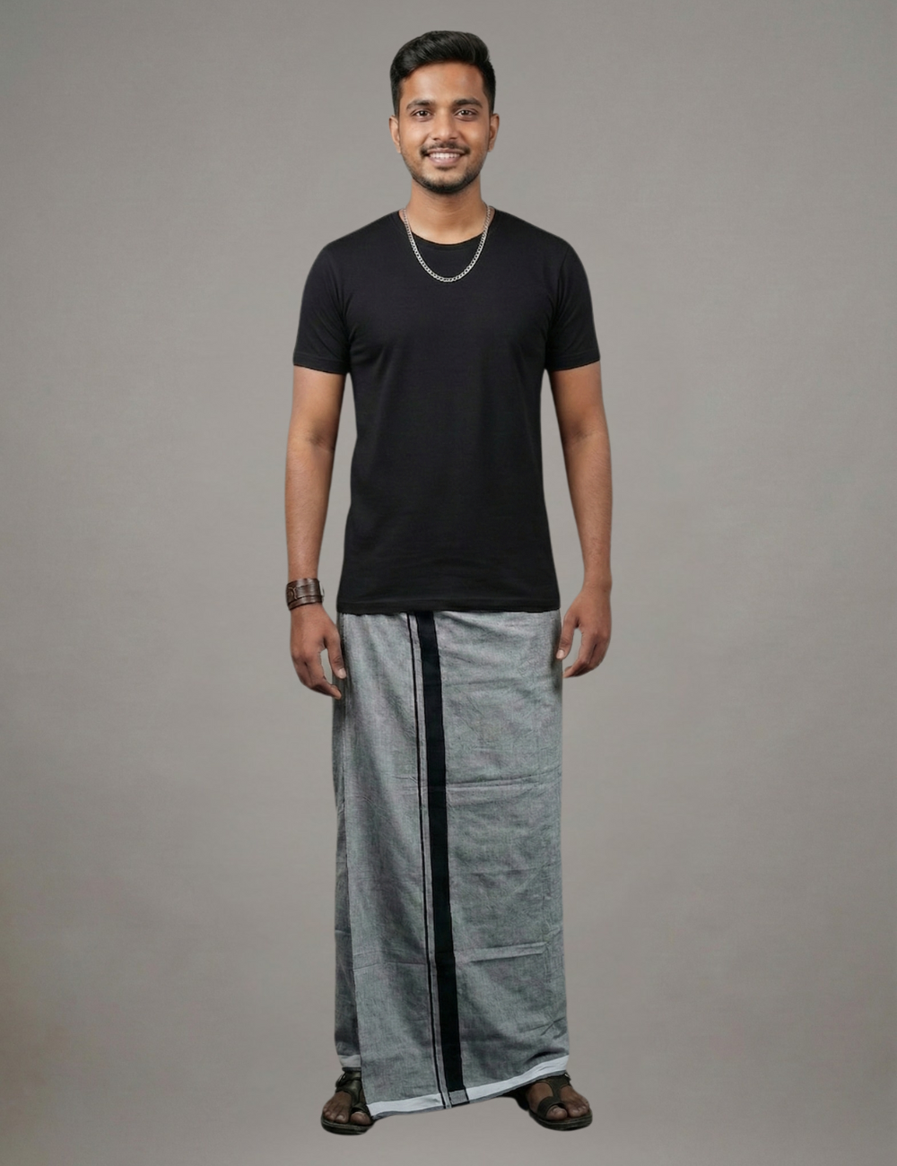 Black T-Shirt + Grey Colour Veshti Combo | Daily Wear South Indian Style Set for Men