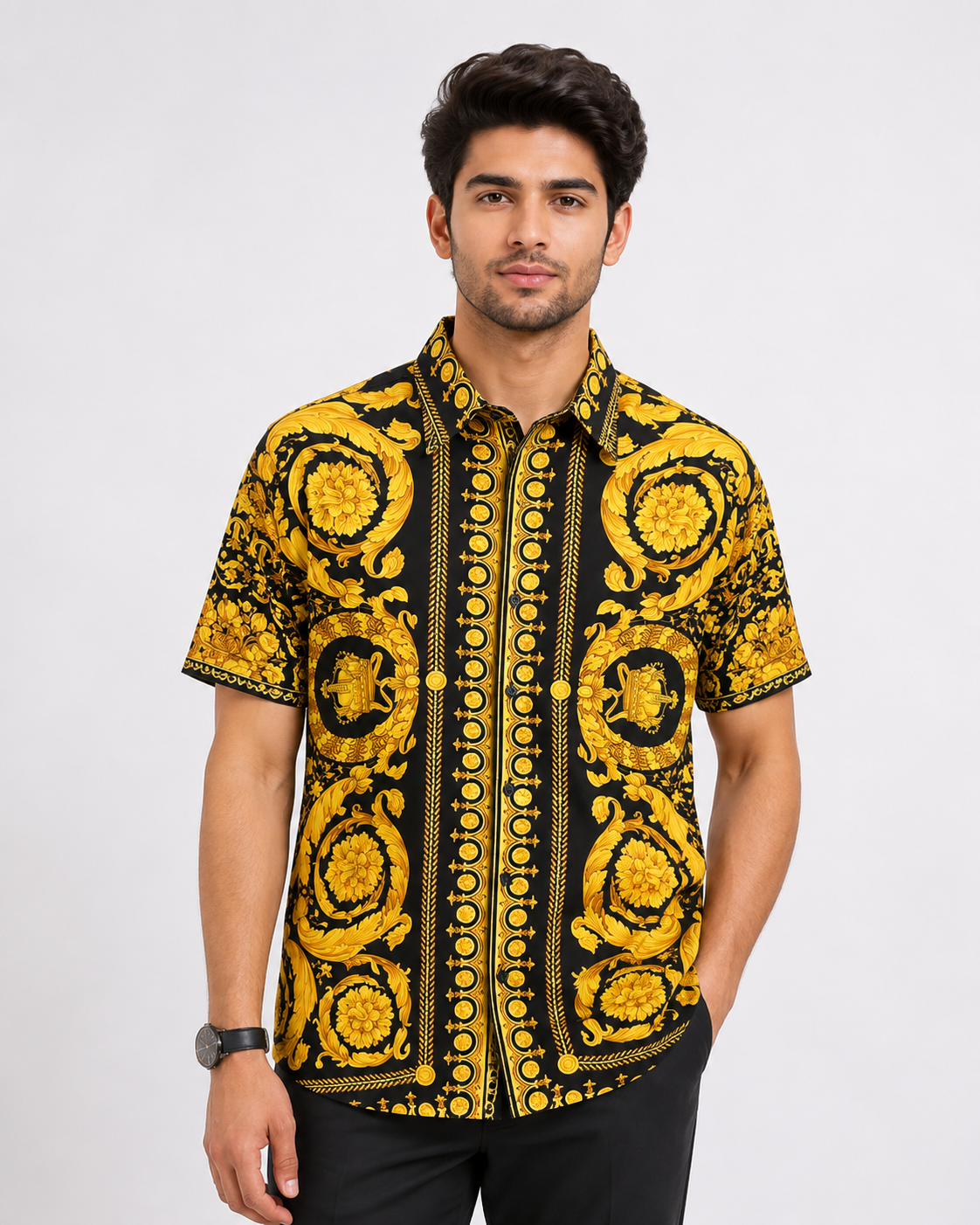 Black & Gold Baroque Print Half Sleeve Party Wear Shirt for Men