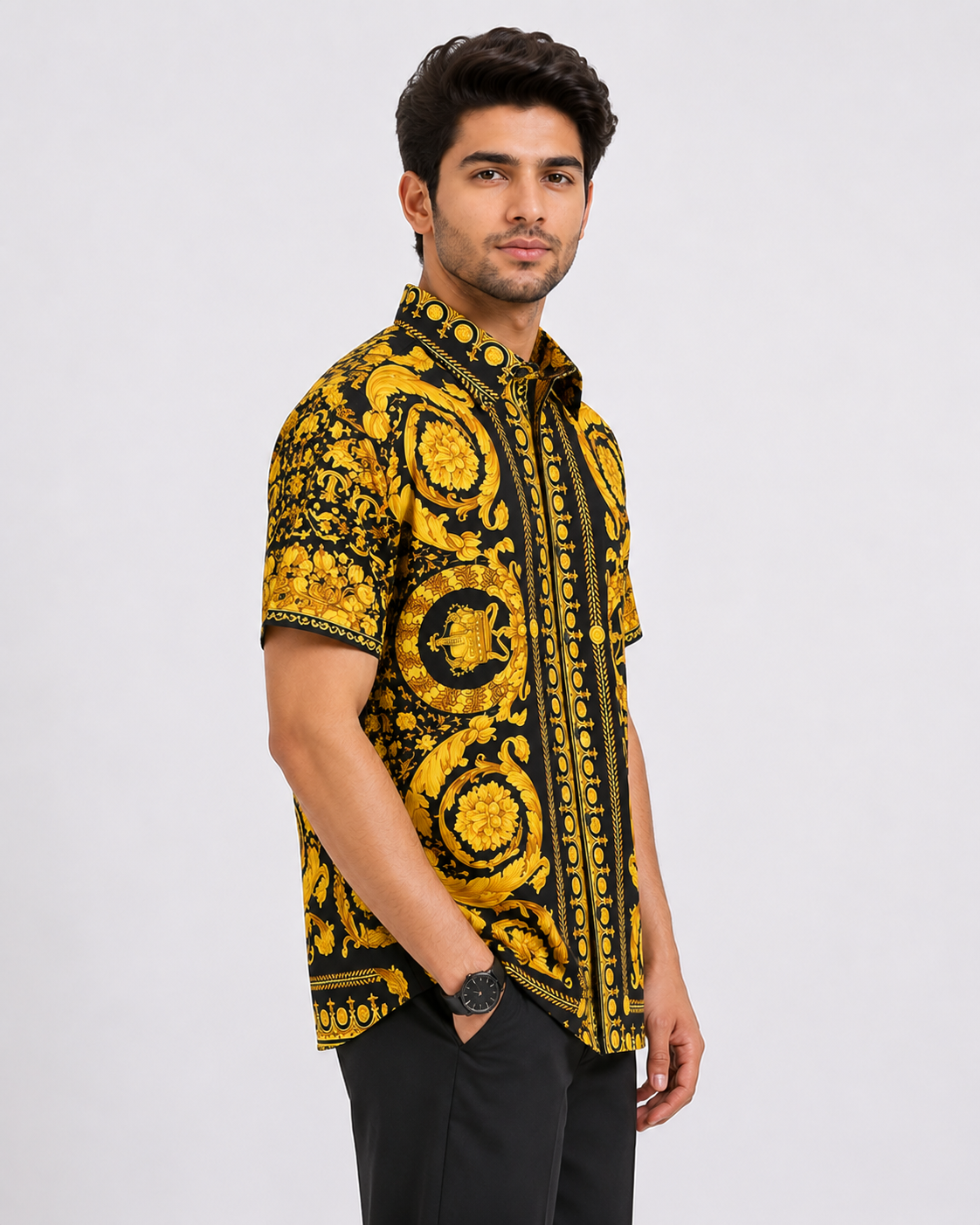 Black & Gold Baroque Print Half Sleeve Party Wear Shirt for Men