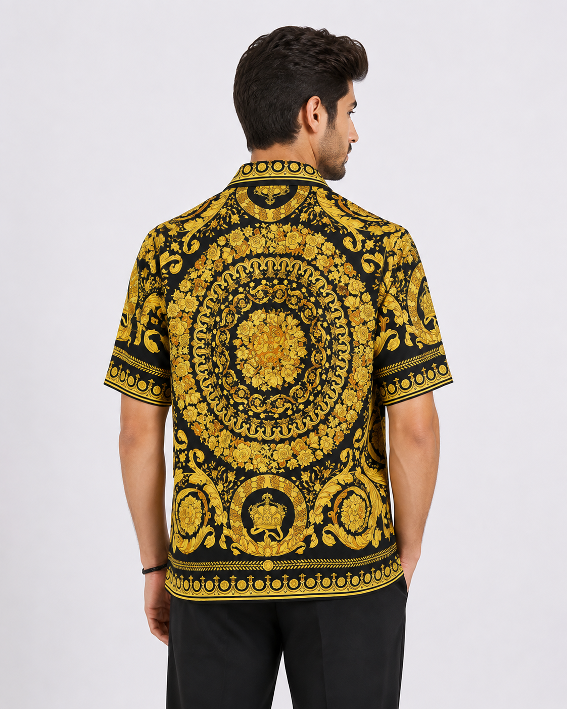 Black & Gold Baroque Print Half Sleeve Party Wear Shirt for Men