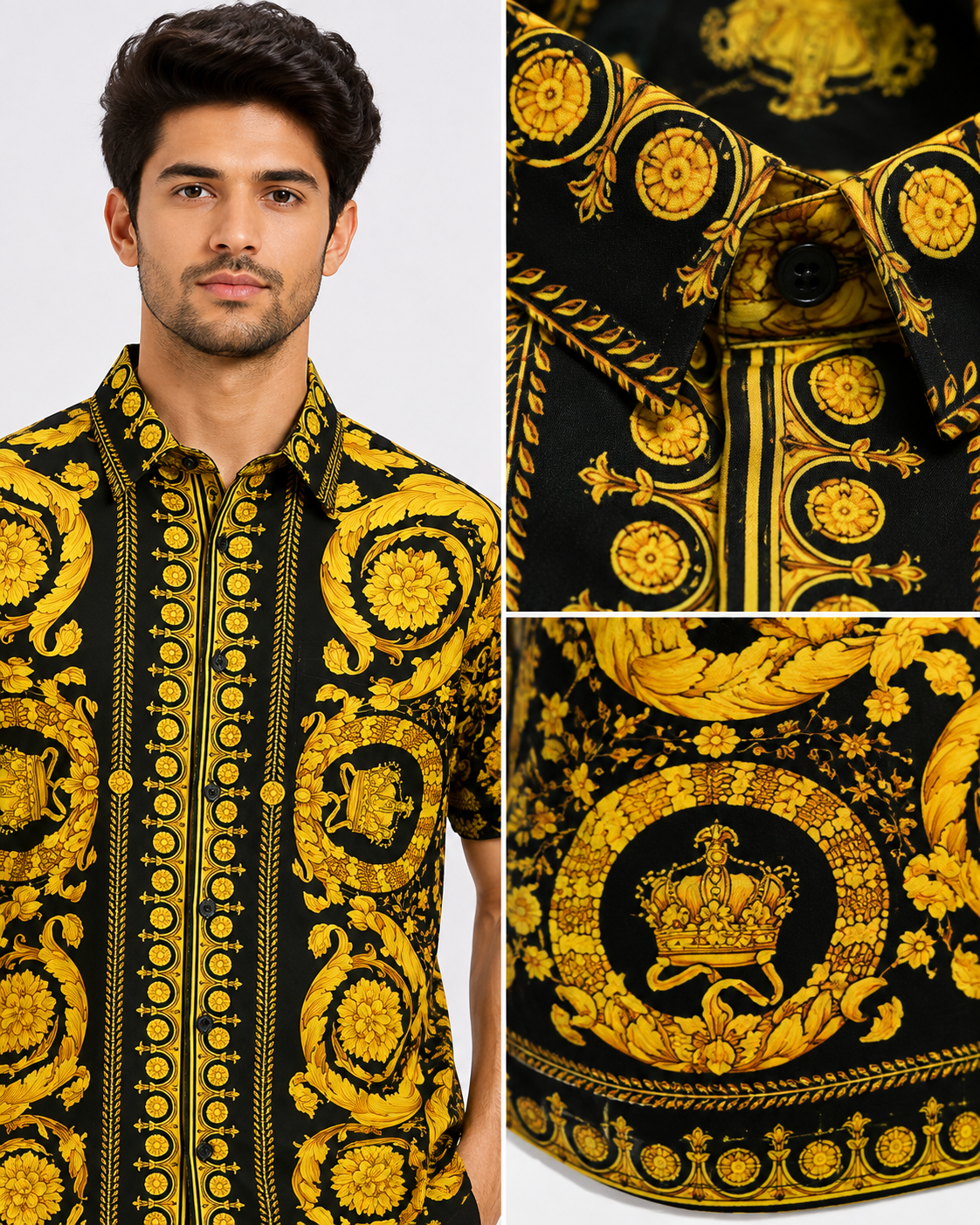 Black & Gold Baroque Print Half Sleeve Party Wear Shirt for Men