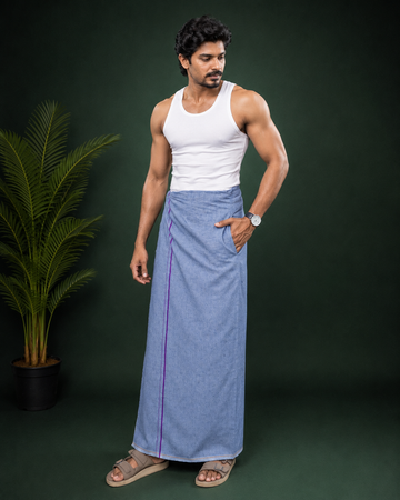 Blue Kambi Kara Velcro Dhoti with Pocket