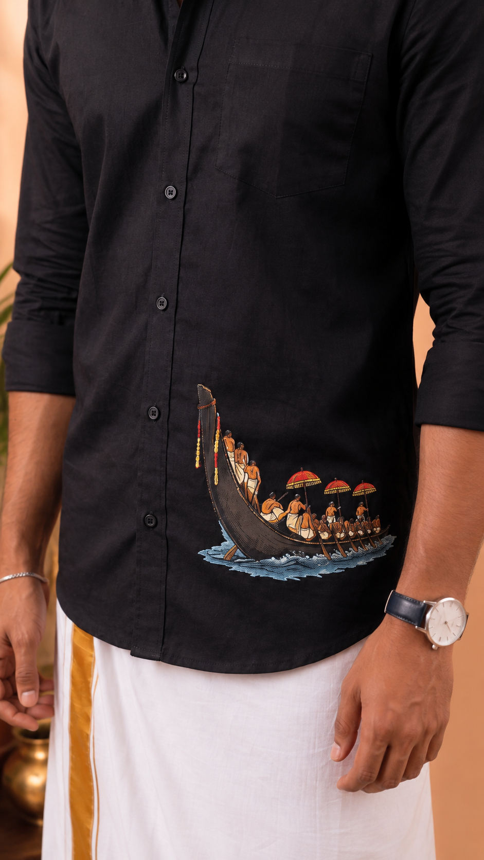 Chundan Vallam Pure Cotton Full Sleeve Shirt- Black