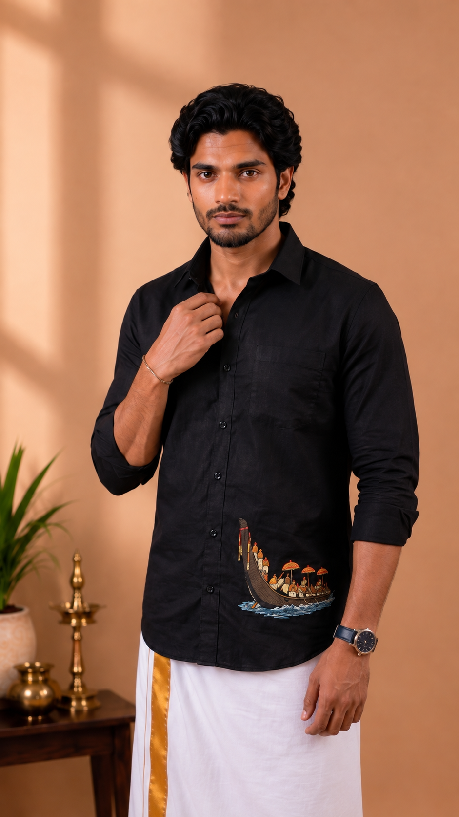 Chundan Vallam Pure Cotton Full Sleeve Shirt- Black