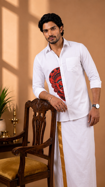 Theyyam Heritage Pure Cotton Slim Fit Full Sleeve White Shirt – Half Face Print