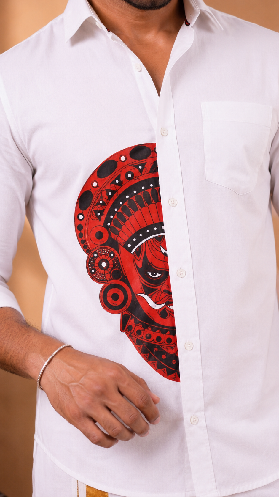 Theyyam Heritage Pure Cotton Slim Fit Full Sleeve White Shirt – Half Face Print