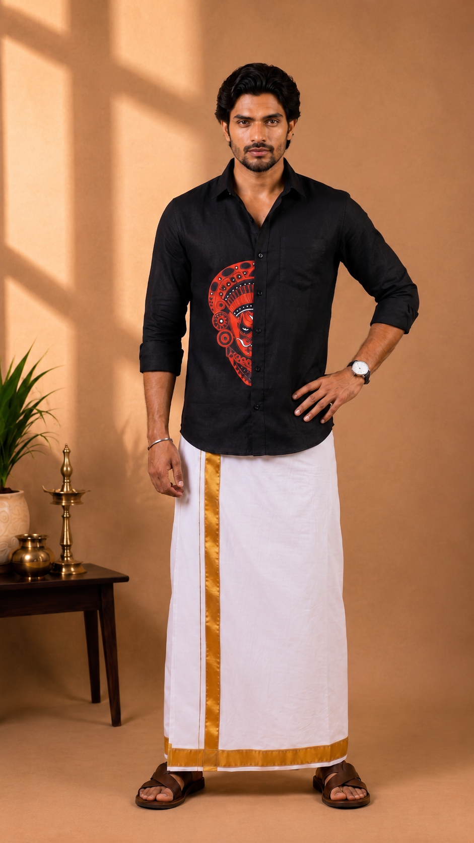 Theyyam Heritage Pure Cotton Slim Fit Full Sleeve Black Shirt – Half Face Print