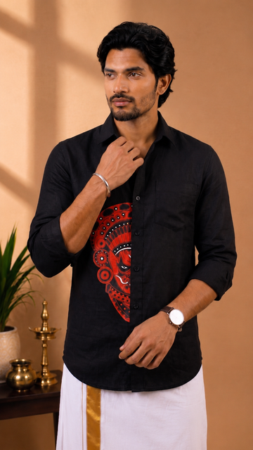 Theyyam Heritage Pure Cotton Slim Fit Full Sleeve Black Shirt – Half Face Print
