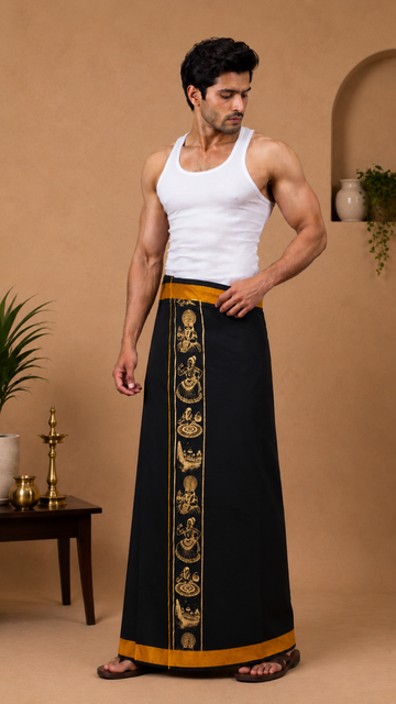 Kerala Heritage Black Velcro Dhoti with Pocket – Temple Art Screen Print