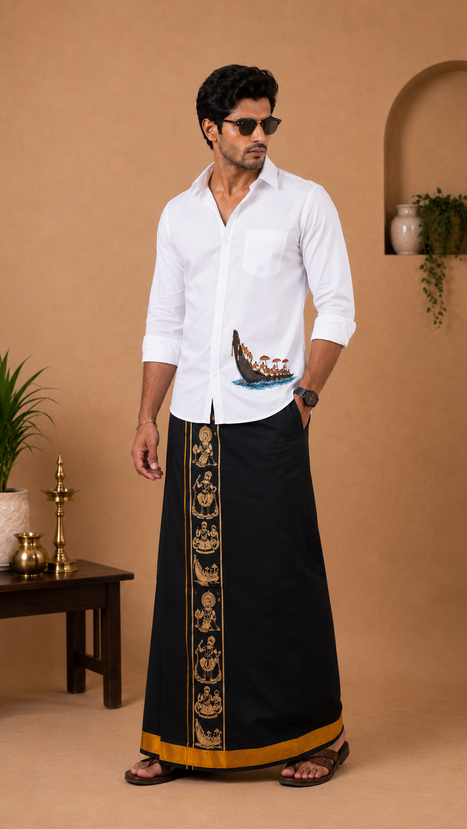 Kerala Heritage Black Velcro Dhoti with Pocket – Temple Art Screen Print