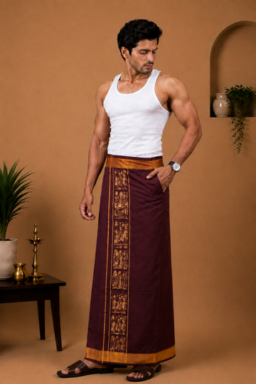 Kerala Mural Heritage Maroon Colour Velcro Dhoti with Pocket – Screen Printed Edition