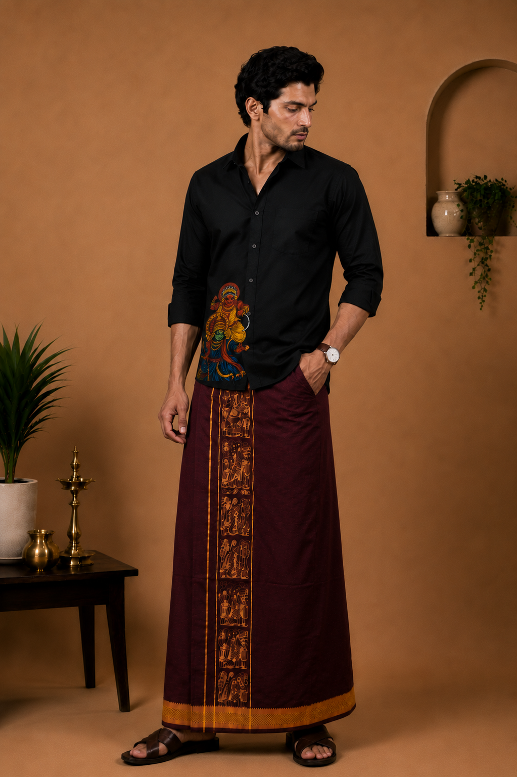 Kerala Mural Heritage Maroon Colour Velcro Dhoti with Pocket – Screen Printed Edition