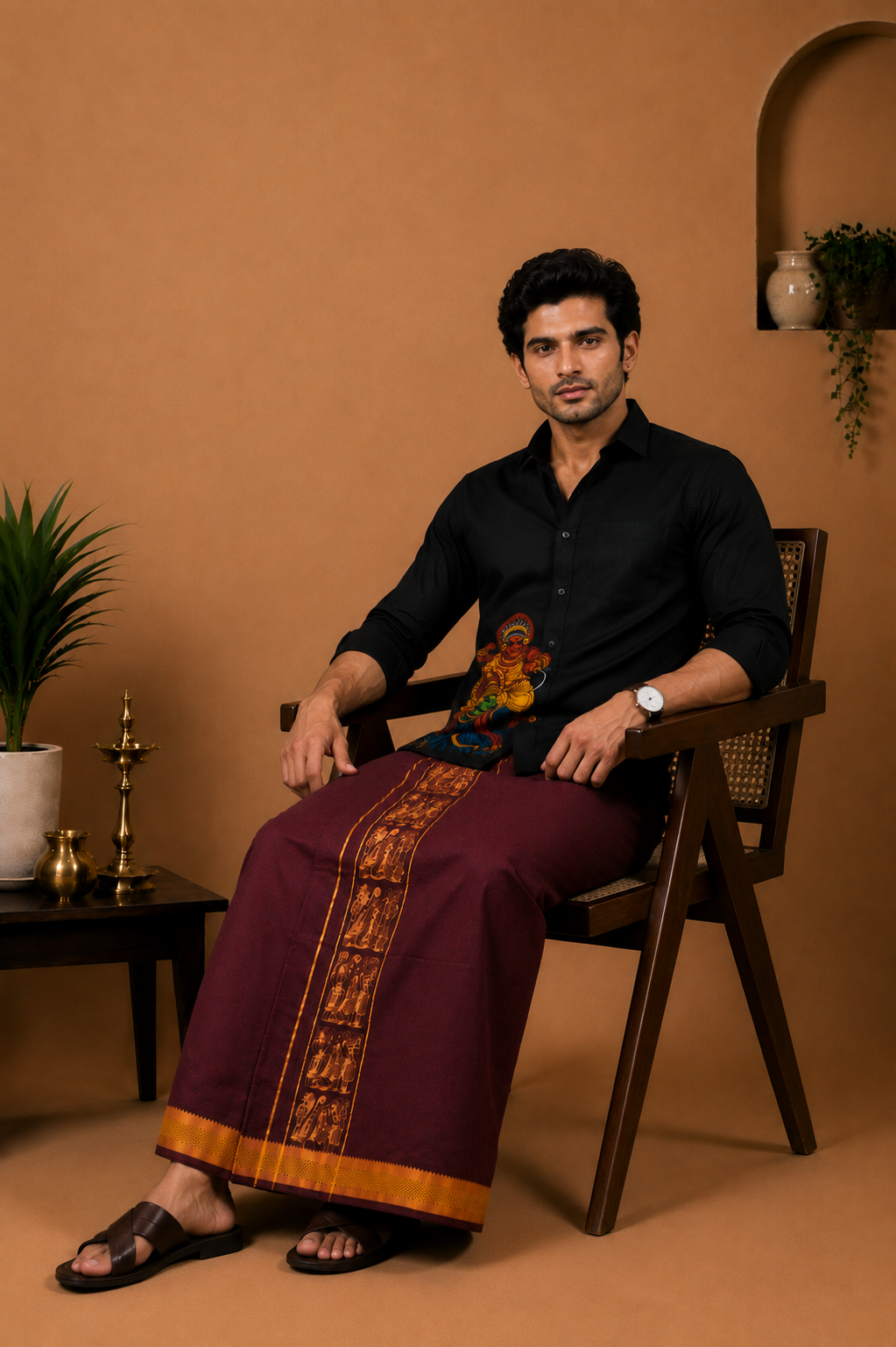 Kerala Mural Heritage Maroon Colour Velcro Dhoti with Pocket – Screen Printed Edition
