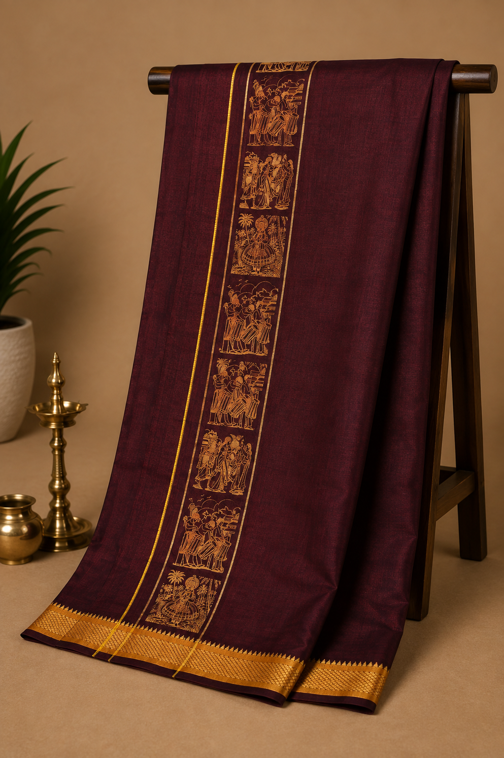 Kerala Mural Heritage Maroon Colour Velcro Dhoti with Pocket – Screen Printed Edition