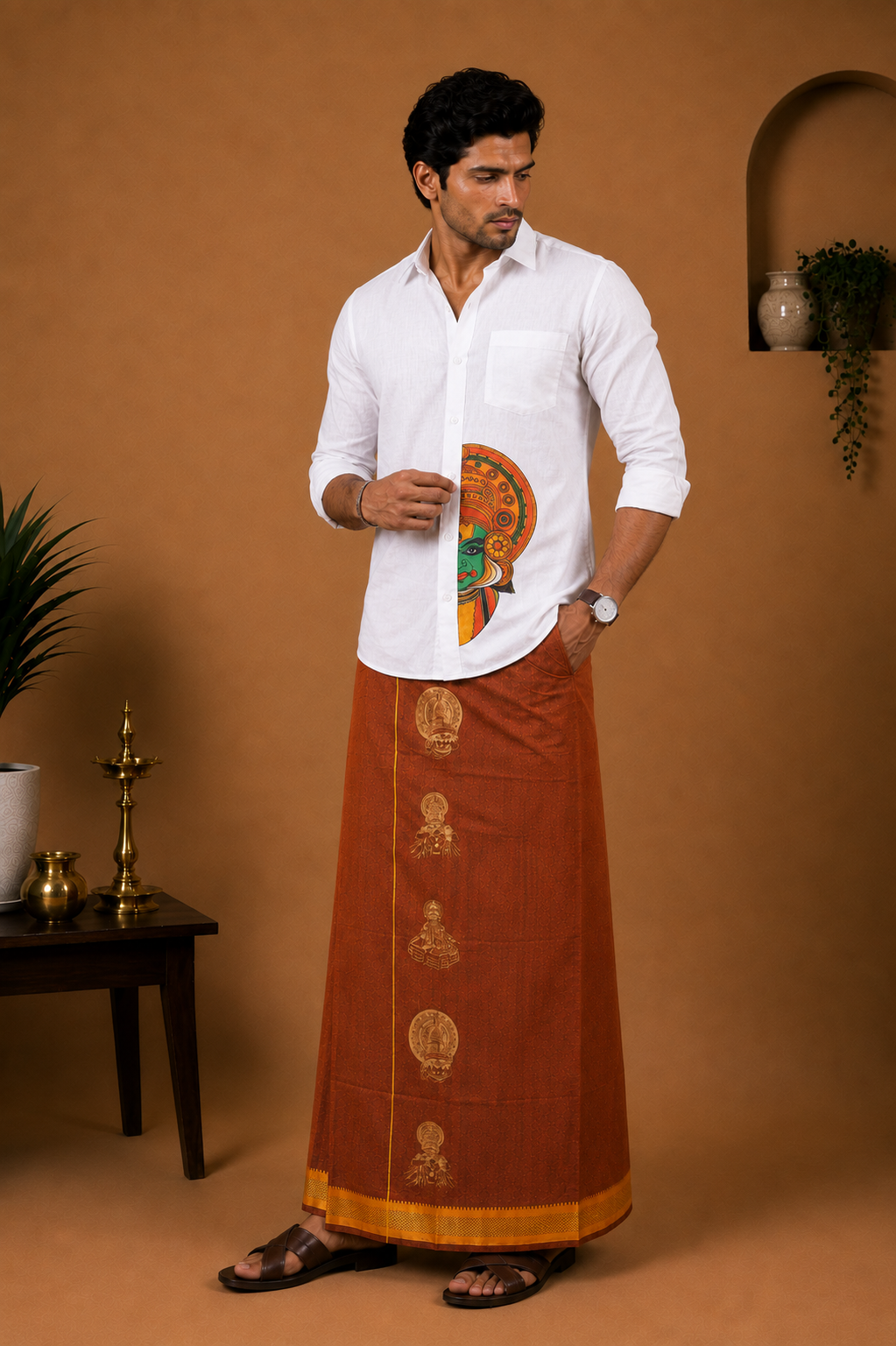 Kathakali Heritage Rust Brown Velcro Dhoti with Pocket