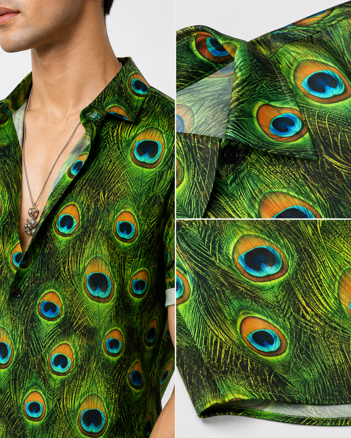 Lycra Blend Fabric Half Sleeve Peacock's Feather Printed Shirt