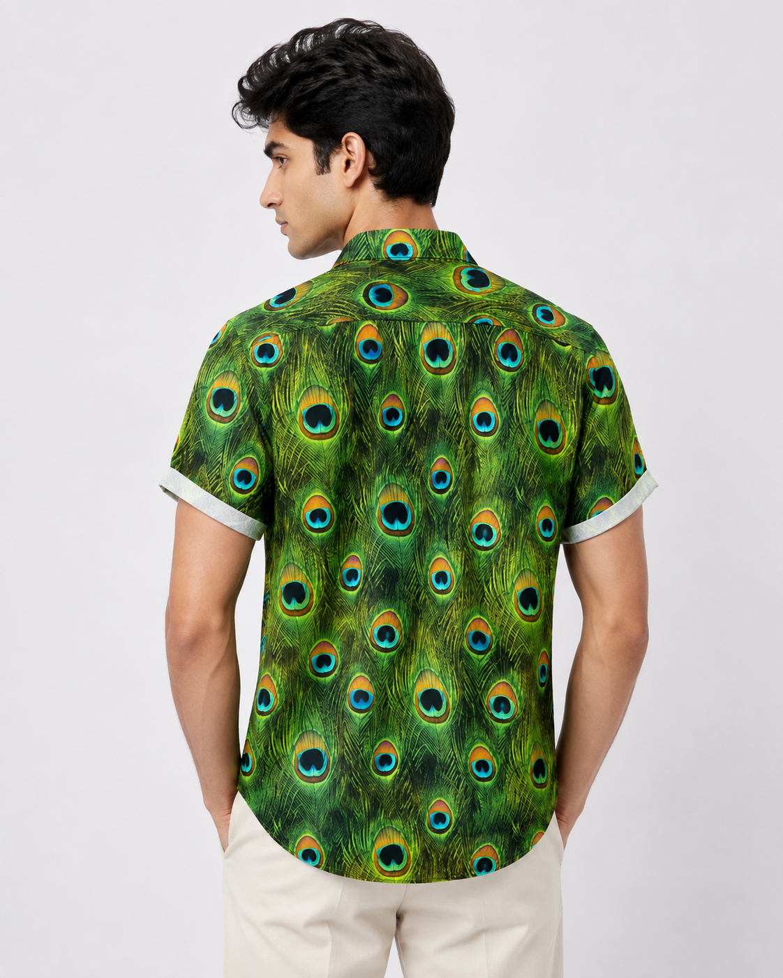 Lycra Blend Fabric Half Sleeve Peacock's Feather Printed Shirt