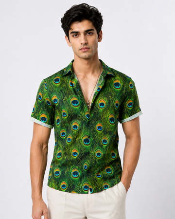 Lycra Blend Fabric Half Sleeve Peacock's Feather Printed Shirt