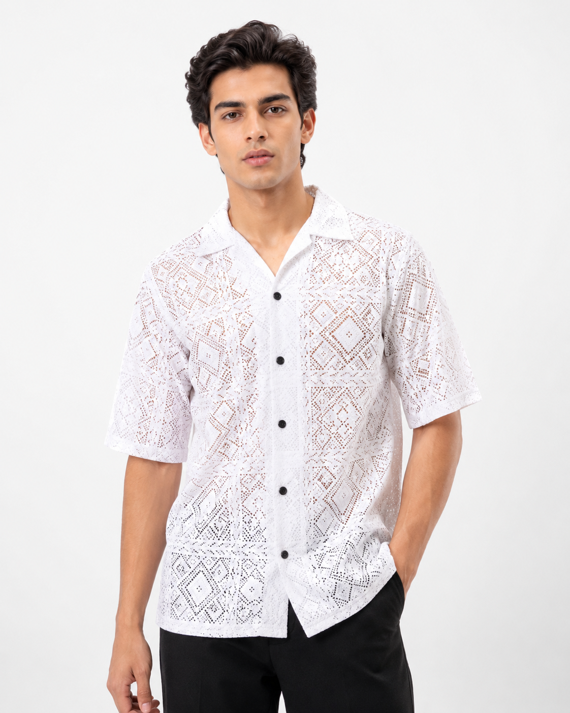 Mens White Knitted Cotton Shirt