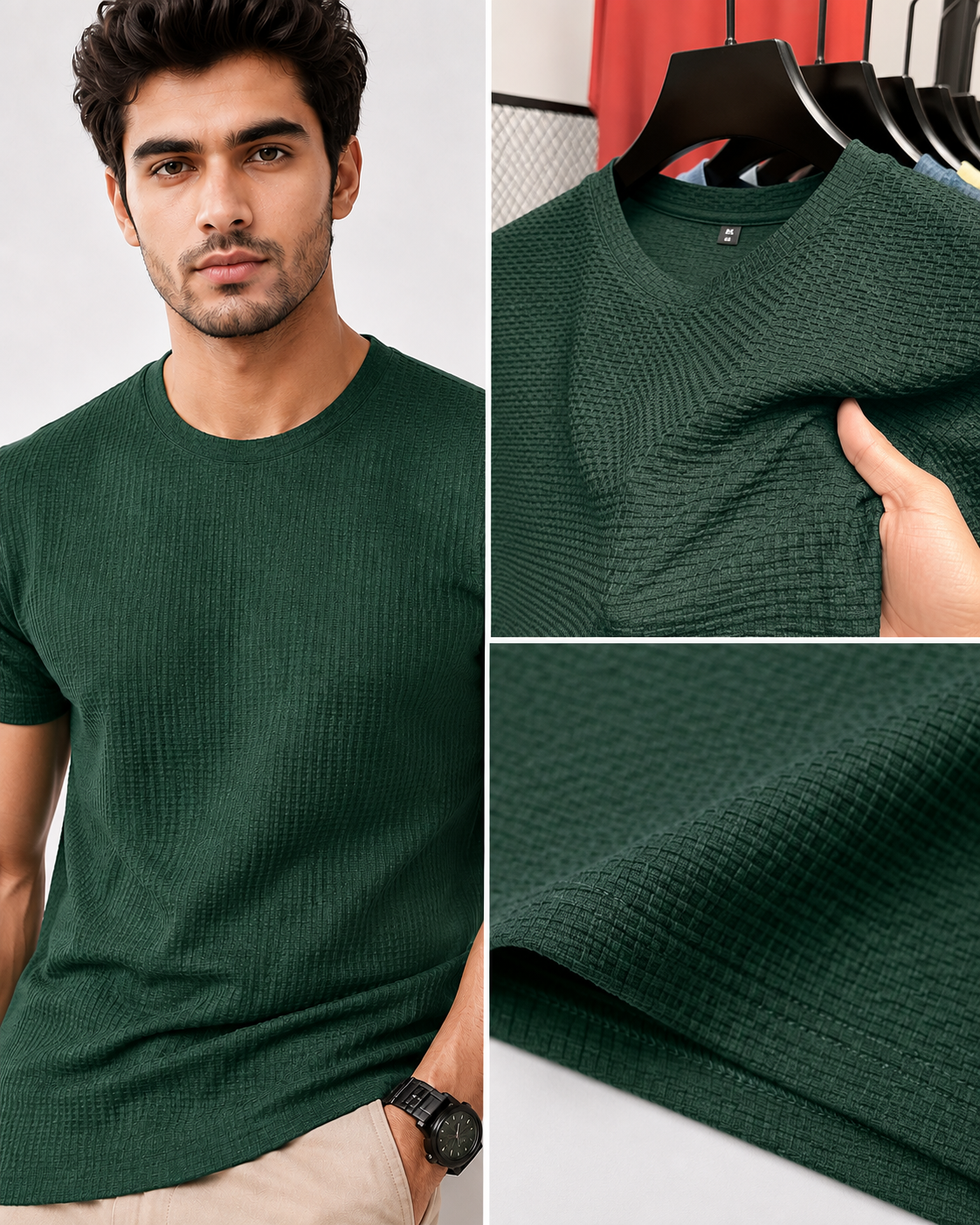 Oversized Waffle Green Knit T-Shirt – Textured Cotton Blend