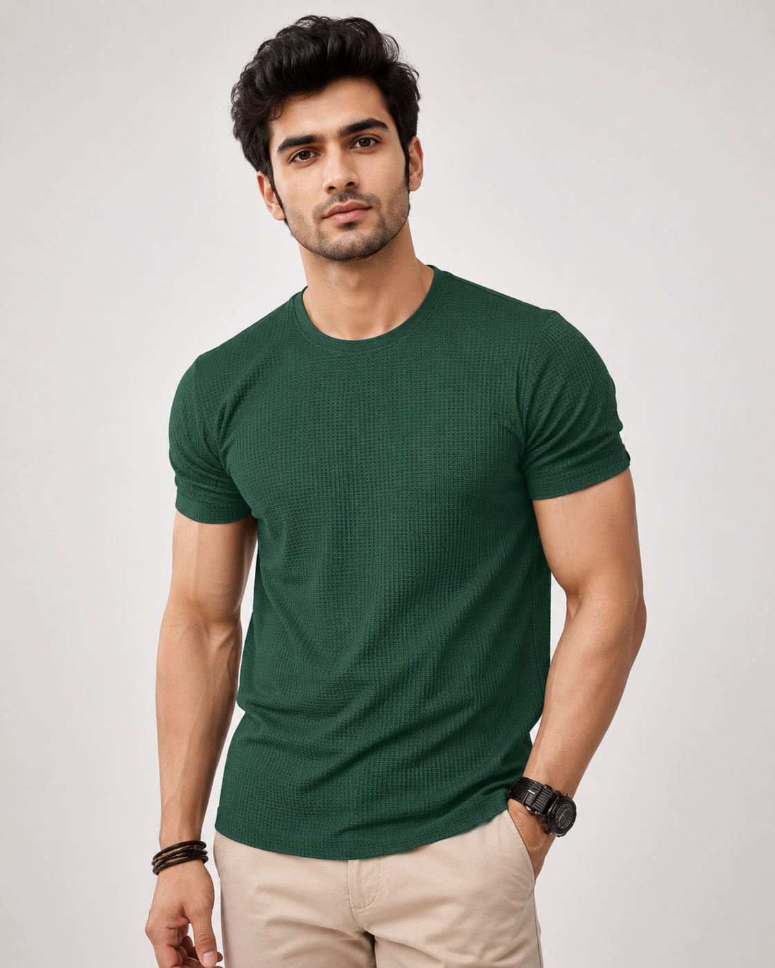 Oversized Waffle Green Knit T-Shirt – Textured Cotton Blend