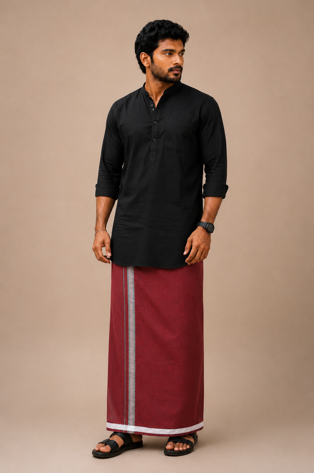 Maroon Cotton-Blend Single Layer Dhoti With Fancy Border– Daily Wear