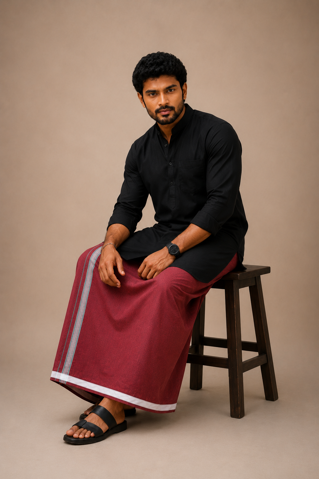 Maroon Cotton-Blend Single Layer Dhoti With Fancy Border– Daily Wear